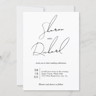 Modern script calligraphy black white QR wedding Invitation