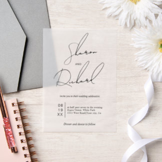 Modern script calligraphy black, white wedding vellum invitations