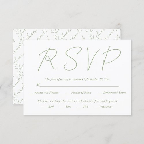 Modern script calligraphy bsage green wedding RSVP card