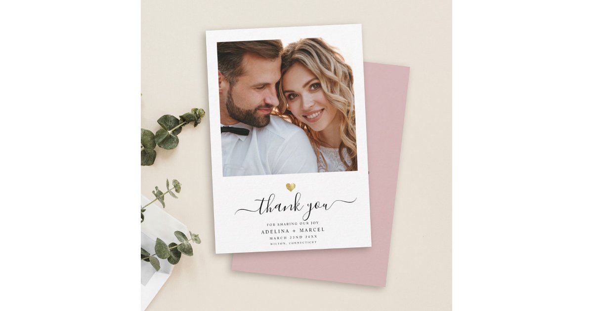 Modern Script Calligraphy Gold Heart Wedding Photo Thank You Card | Zazzle