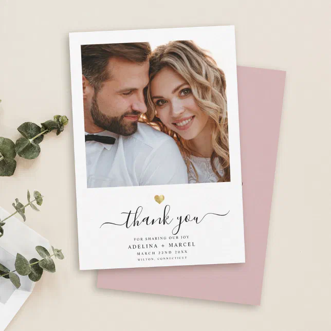 Modern Script Calligraphy Gold Heart Wedding Photo Thank You Card | Zazzle