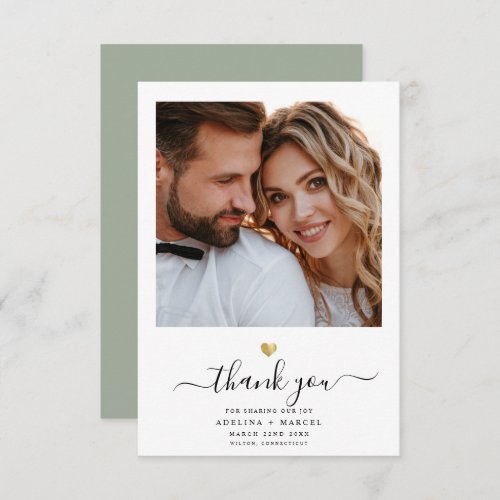 Modern Script Calligraphy Gold Heart Wedding Photo Thank You Card