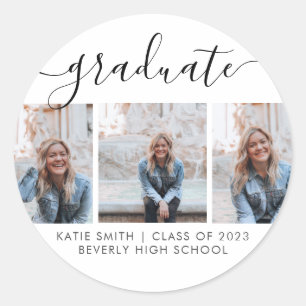 Modern Script Calligraphy Graduation 3 Photo Classic Round Sticker