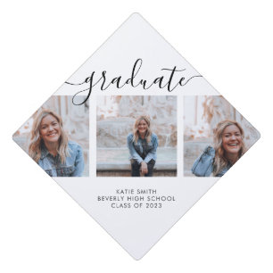 Modern Script Calligraphy Graduation 3 Photo Graduation Cap Topper