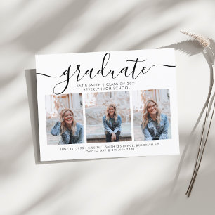 Modern Script Calligraphy Graduation 3 Photo Invitation Postcard