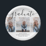 Modern Script Calligraphy Graduation 3 Photo Paper Plates<br><div class="desc">A modern and chic graduation paper plate in calligraphic and sans serif fonts with three photos for your paper plate. Available in a variety of colours.</div>