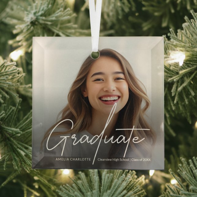 Modern Script Calligraphy Graduation Photo Glass Ornament (Insitu)