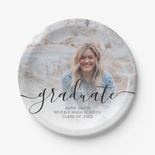 Modern Script Calligraphy Graduation Photo Paper Plates