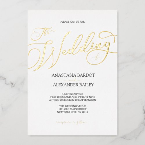 Modern Script Calligraphy Luxury Wedding Real Gold Foil Invitation