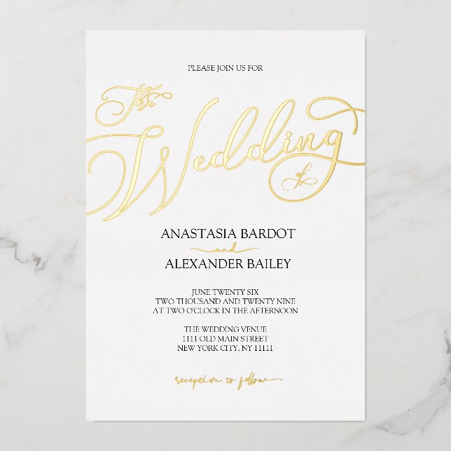 Modern Script Calligraphy Luxury Wedding Real Gold Foil Invitation (Front)
