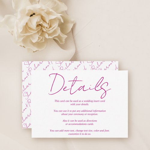 Modern script calligraphy magenta pink wedding enclosure card