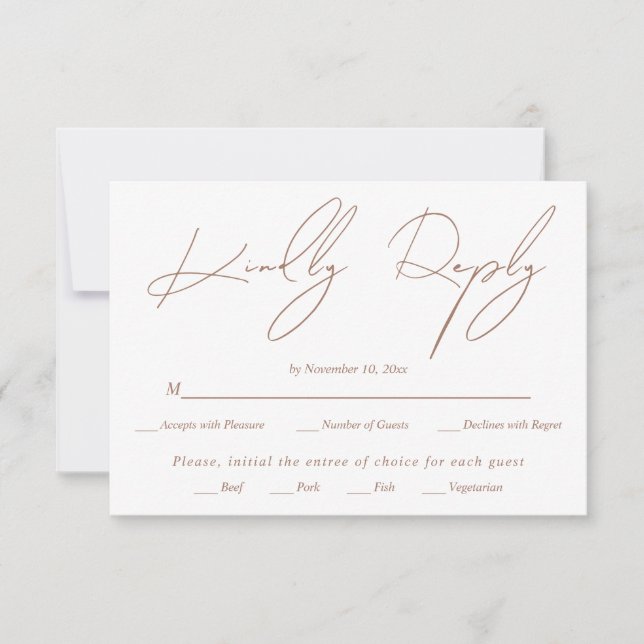 Modern script calligraphy mocha on white wedding RSVP card (Front)