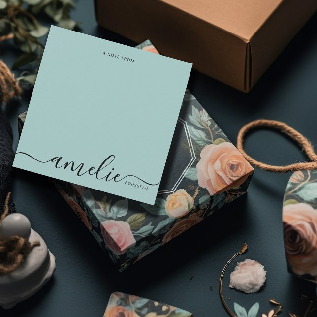 Modern Script Calligraphy Monogram Mint Green Note Card (Creator Uploaded)