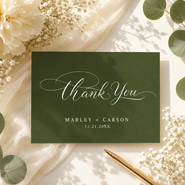 Modern Script Calligraphy Olive Green Wedding Thank You Card (Creator Uploaded)