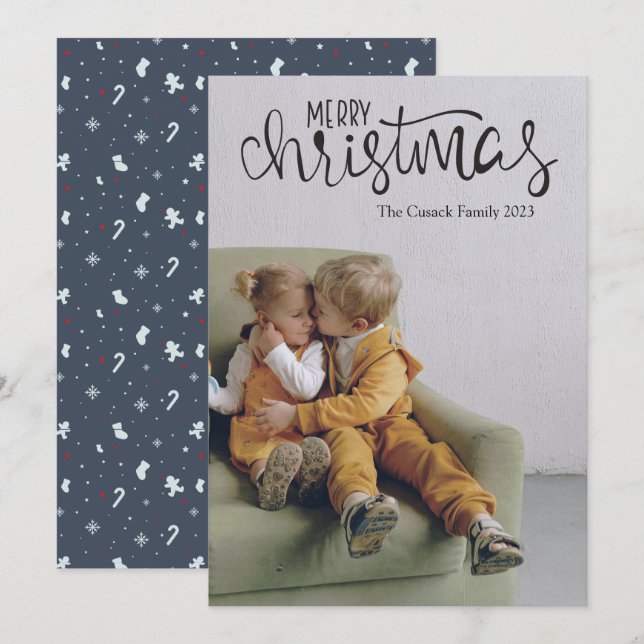  Modern Script Calligraphy Photo Merry Christmas Holiday Card (Front/Back)