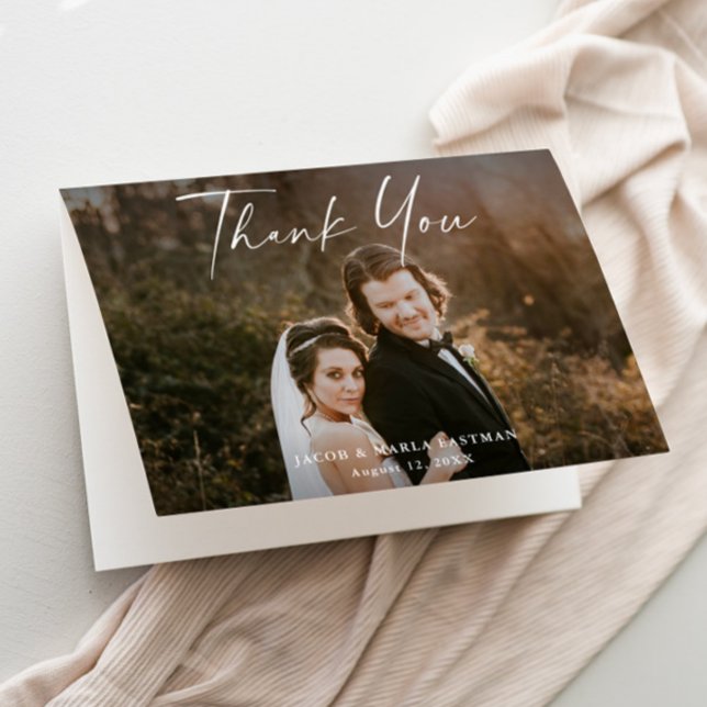 Modern Script Calligraphy Photo Wedding Letterpress Thank You Card (Modern script wedding photo thank you cards.)