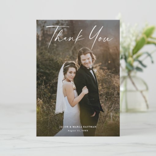 Modern Script Calligraphy Photo Wedding Thank You Card | Zazzle