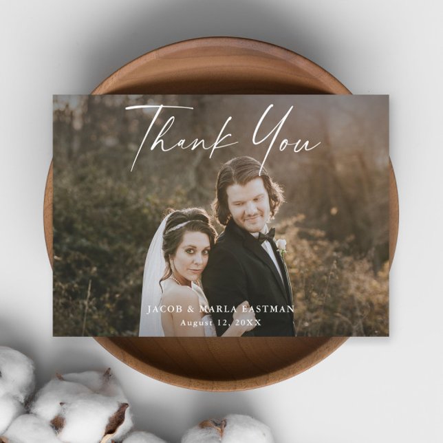 Modern Script Calligraphy Photo Wedding Thank You Card (Simple script wedding photo thank you card with modern handwritten typography overlay.)