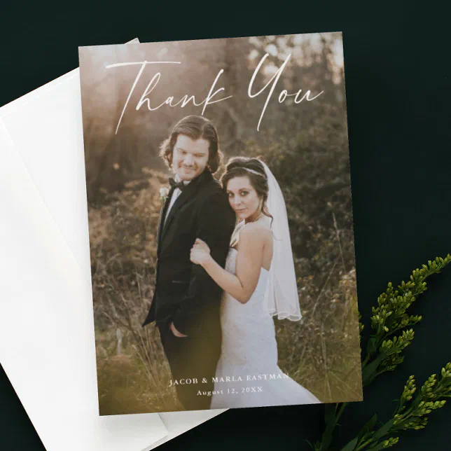 Modern Script Calligraphy Photo Wedding Thank You Card | Zazzle