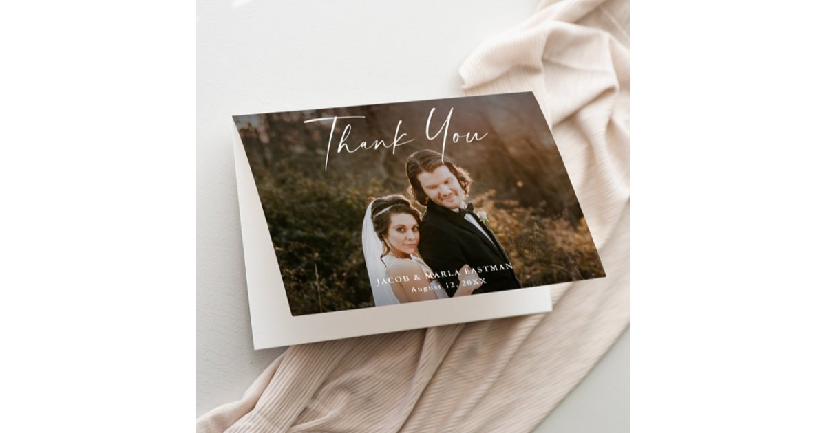 Modern Script Calligraphy Photo Wedding Thank You Card | Zazzle