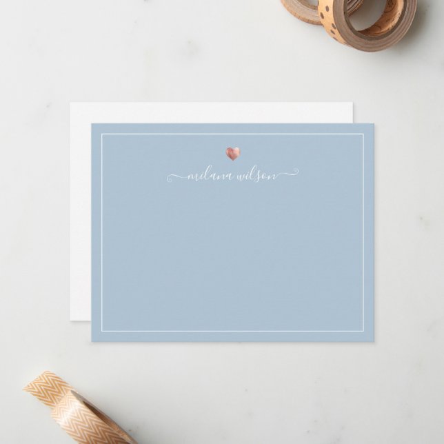 Modern Script Calligraphy Rose Gold Heart Note Card (Front/Back In Situ)