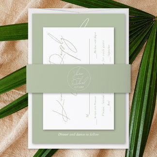 Modern script calligraphy sage green wedding invitation belly band