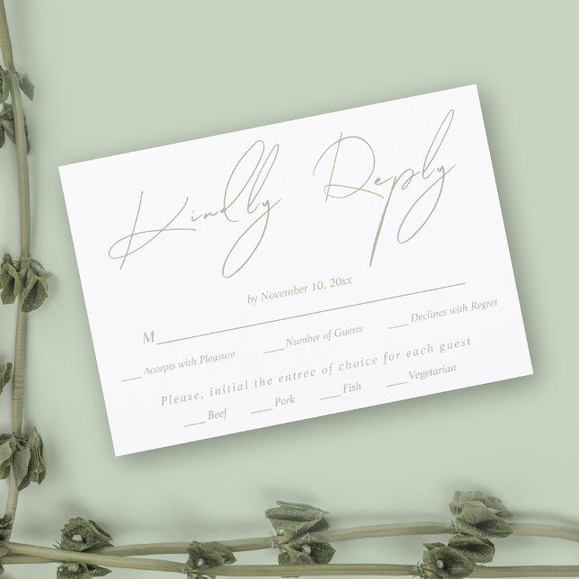 Modern script calligraphy sage green white wedding RSVP card (Creator Uploaded)
