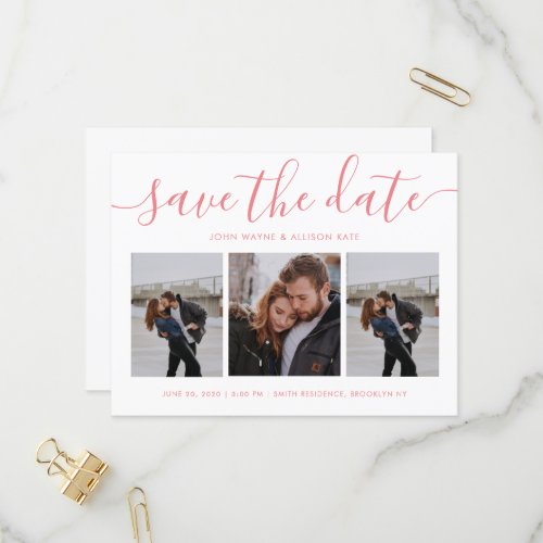 Modern Script Calligraphy Save the Date 3 Photo Invitation Postcard