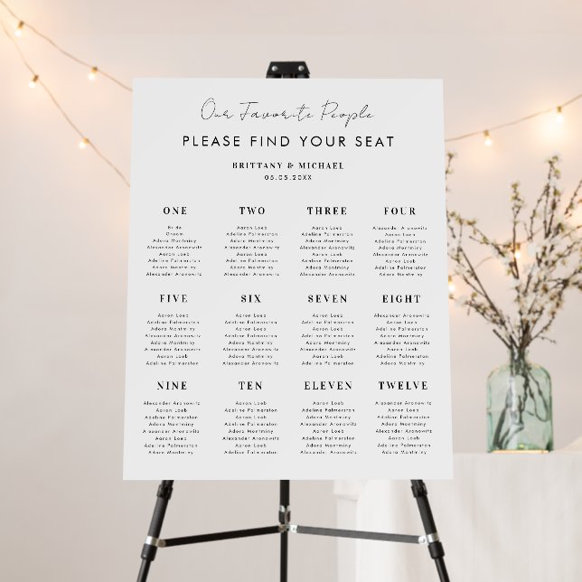 Modern Script Calligraphy Wedding 12 Table Seating Foam Board (In Situ (Stand))
