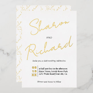 Modern script calligraphy wedding gold foil invitation