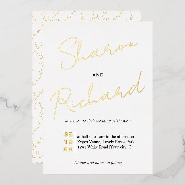 Modern script calligraphy wedding gold foil invitation (Front/Back)
