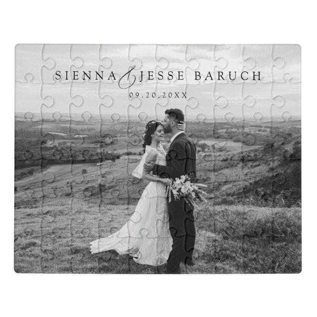 Modern Script Calligraphy Wedding Photo Acrylic  Jigsaw Puzzle (Puzzle Horizontal)