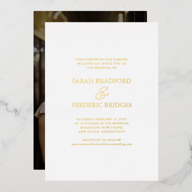 Modern Script Calligraphy White Photo Wedding Foil Invitation (Front/Back)
