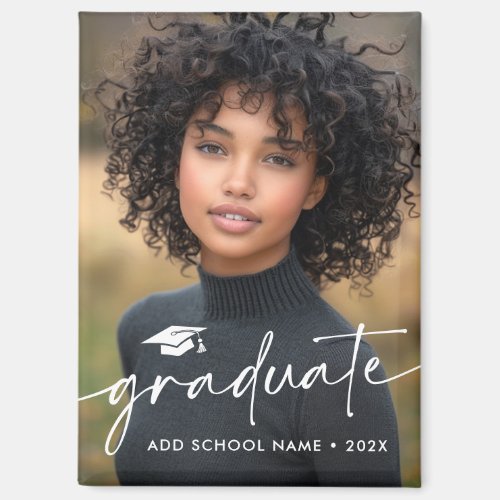 Modern script cap photo graduation year school magnet