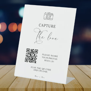 Modern Script Capture The Love QR code Wedding Pedestal Sign