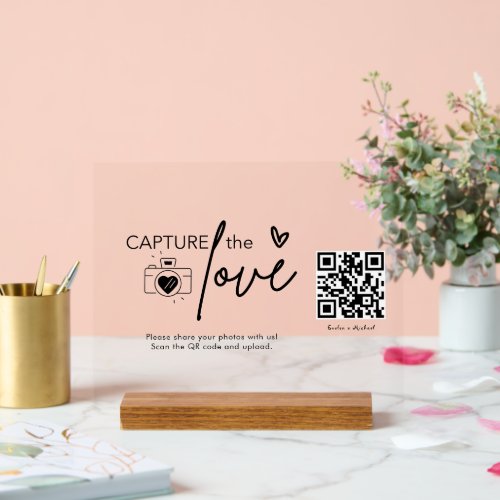 Modern Script Capture The Love QR code With Wood Acrylic Sign