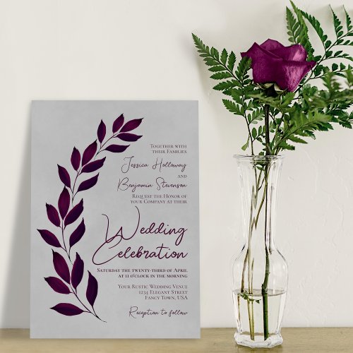 Modern Script Cassis Purple Leaves on Gray Wedding Invitation