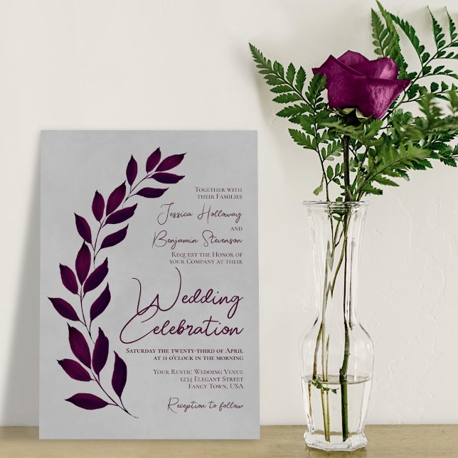 Modern Script Cassis Purple Leaves on Gray Wedding Invitation (Creator Uploaded)