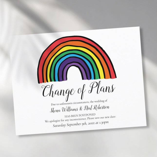 Modern Script Change the Date Postponed Rainbow Announcement Postcard