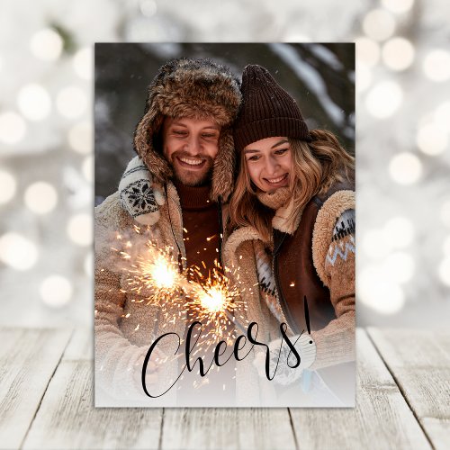 Modern Script Cheers Happy New Year Photo Holiday Card