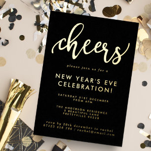 Modern Script Cheers New Year's Eve Party Gold Foil Invitation