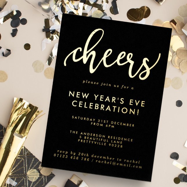 Modern Script Cheers New Year's Eve Party Gold Foil Invitation (Creator Uploaded)
