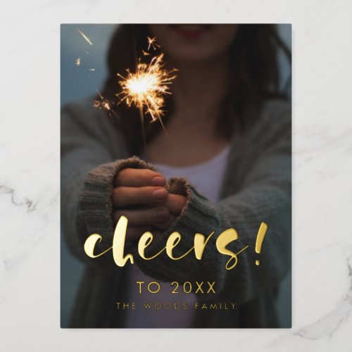 Modern script Cheers to 2024 New Years photo Foil Holiday Postcard