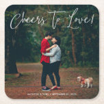 Modern Script Cheers To Love Photo Wedding  Square Paper Coaster<br><div class="desc">Cheers to love! A modern but cute wedding paper coaster for your wedding reception,  wedding party or engagement party. Customize it with your own photo of choice. The color of all font elements can be changed to fit your photo!</div>