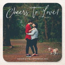 Modern Script Cheers To Love Photo Wedding  Square Paper Coaster