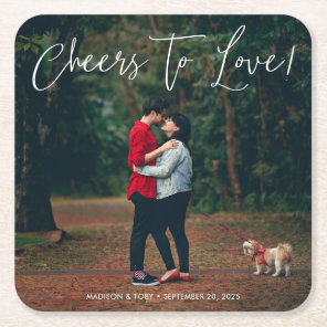 Modern Script Cheers To Love Photo Wedding  Square Paper Coaster