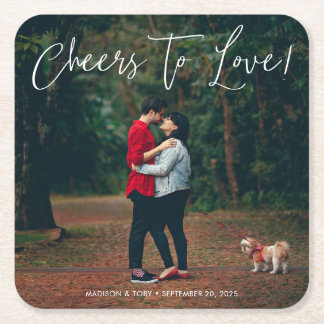 Modern Script Cheers To Love Photo Wedding Square Paper Coaster