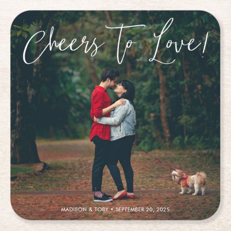 Modern Script Cheers To Love Photo Wedding  Square Paper Coaster