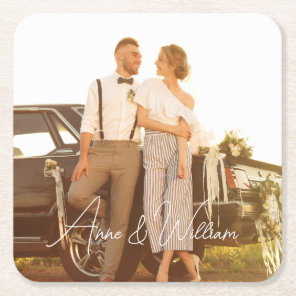 Modern Script Cheers To Love Photo Wedding Square Paper Coaster