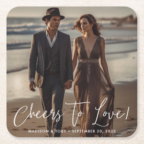 Modern Script Cheers To Love Photo Wedding  Square Paper Coaster